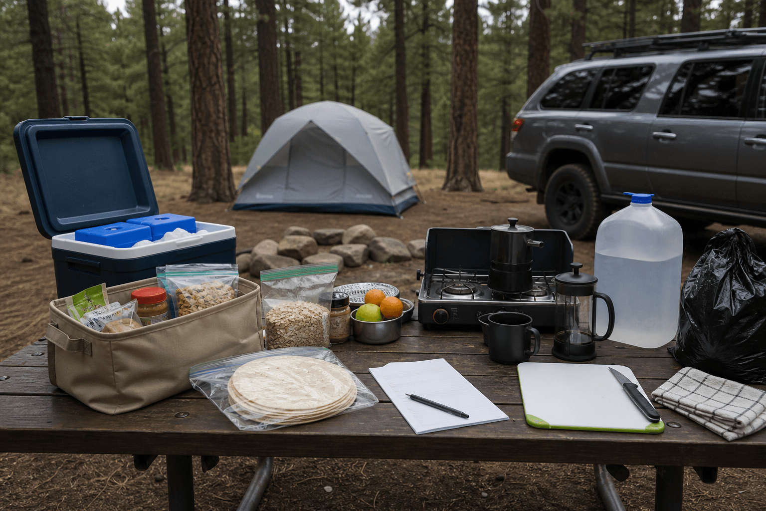 A campground picnic table with a cooler, dry-food bin, tortillas, oats, fruit, camp stove, coffee press, water jug, cutting board, and meal-planning paper.