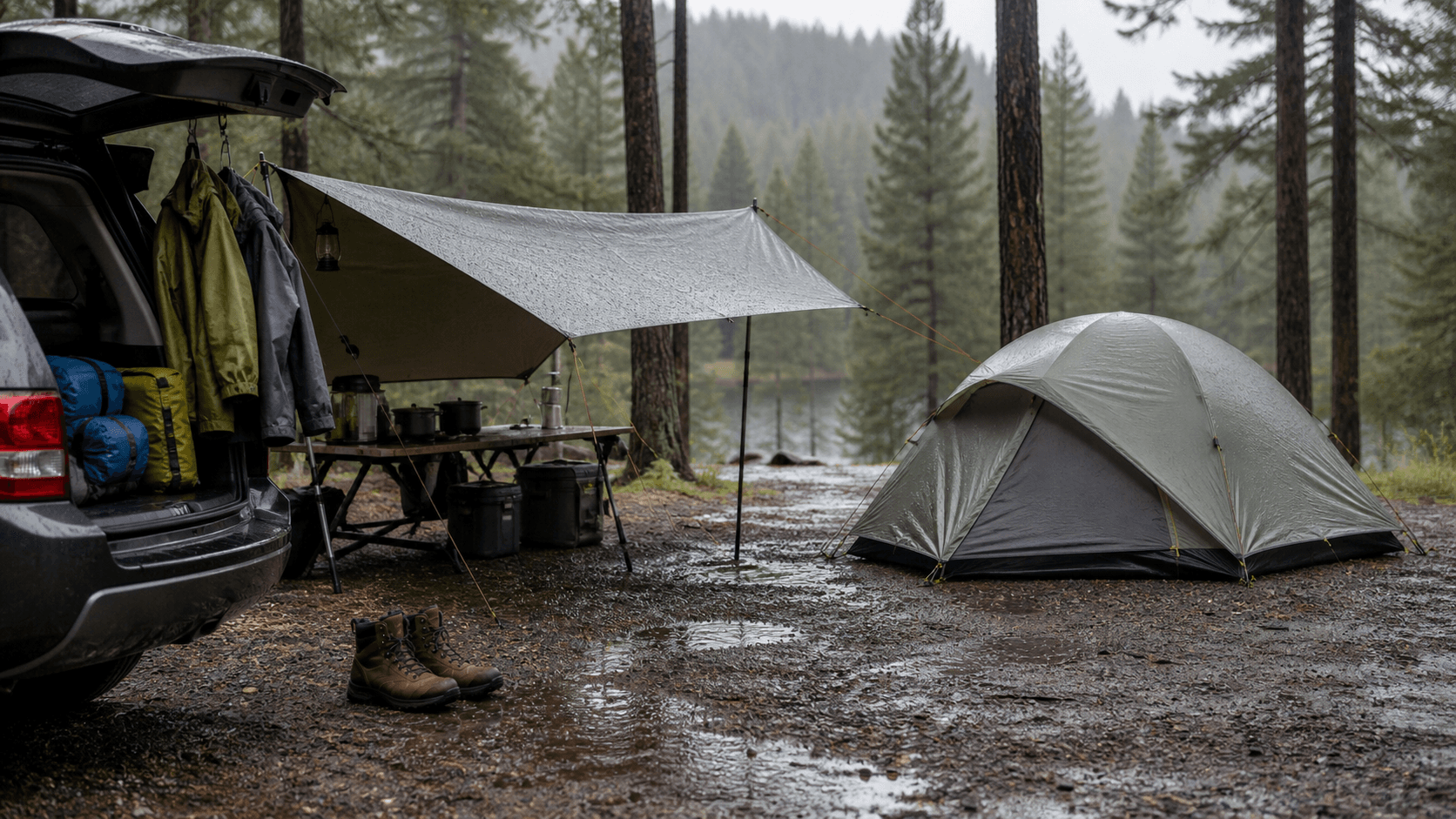 A rain-ready forest campsite with a taut tarp shelter, pitched tent, dry bags, rain jackets, and wet gravel under overcast skies