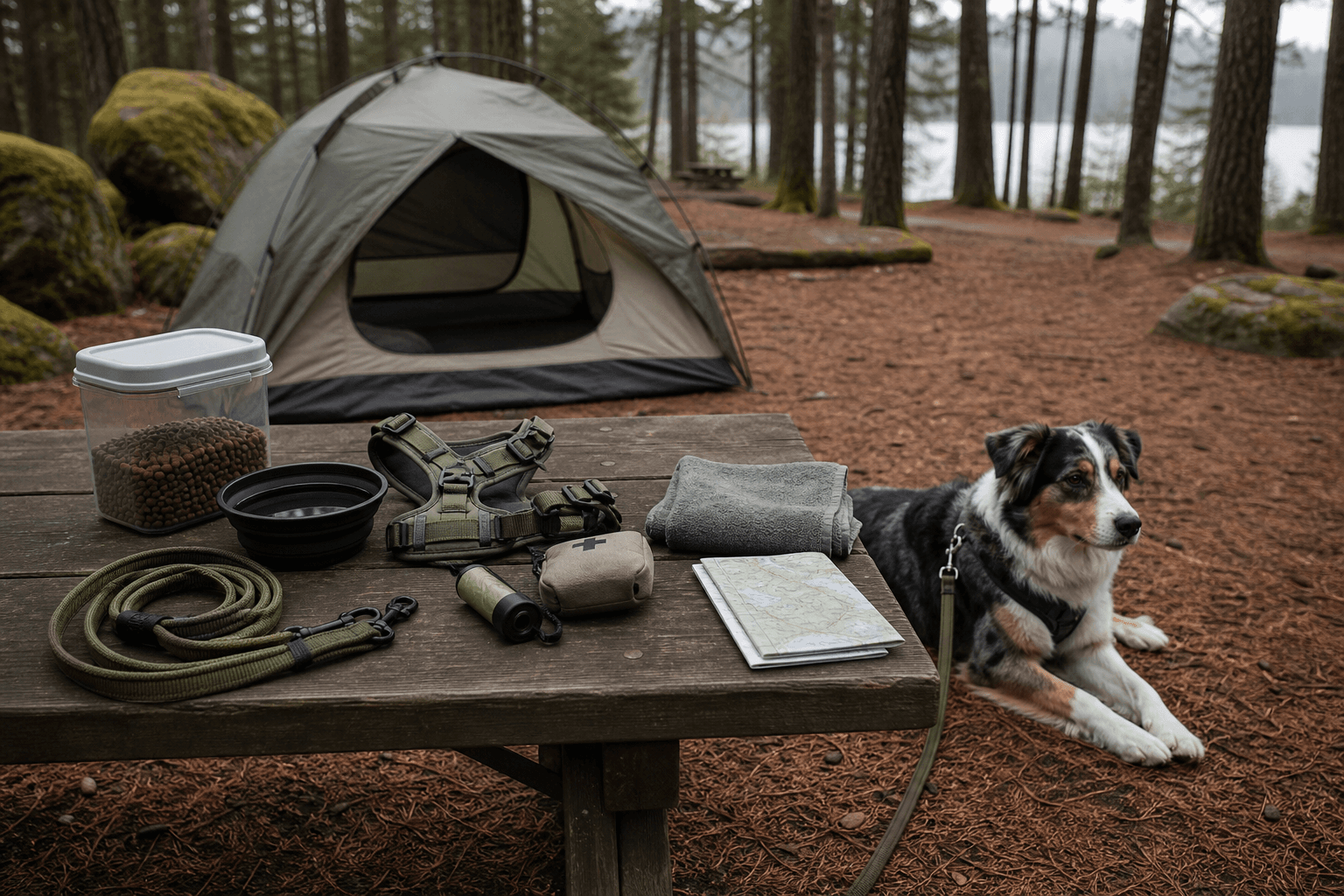 A leashed dog resting beside a picnic table with dog camping gear, a water bowl, leash, first-aid pouch, map, and tent at a forest campsite.