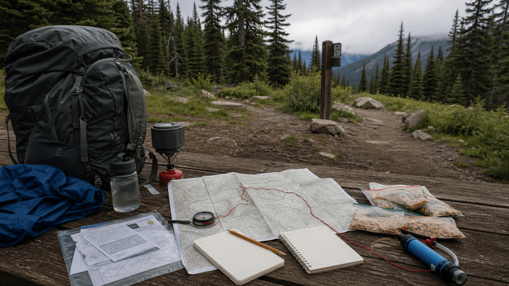 Backpacking gear, a map, compass, route notes, food, and water filter laid out on a trailhead picnic table
