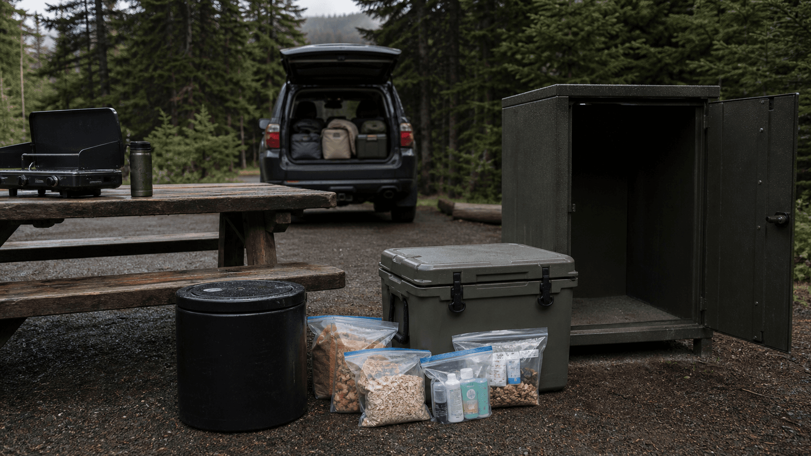 A tidy national forest campsite with a bear canister, latched cooler, organized food bags, toiletries, vehicle tailgate, and open metal food locker.