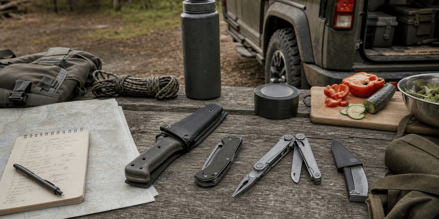A forest campsite table with a sheathed fixed-blade knife, closed folding knife, multi-tool, guarded kitchen knife, paracord, repair tape, vegetables, a map, and a trip checklist.